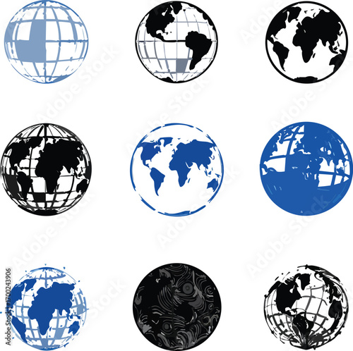Global Icon Set Vector – Stylized Earth Designs in Grid Layout, Abstract and Realistic Globe Illustrations for Worldwide Themes