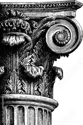 Vintage engraving of an antique corinthian column capital design for architectural projects