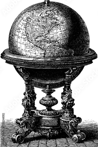 Antique globe vintage engraving style illustration for historical decor and educational design
