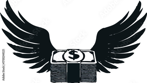 PFlying Money Vector – Winged Dollar Stack Silhouette, Symbol of Financial Loss, Spending, and Economic Instability