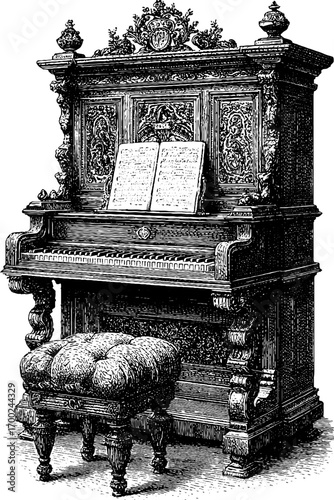 Antique wooden piano with elaborate carvings and music book - vintage engraving style