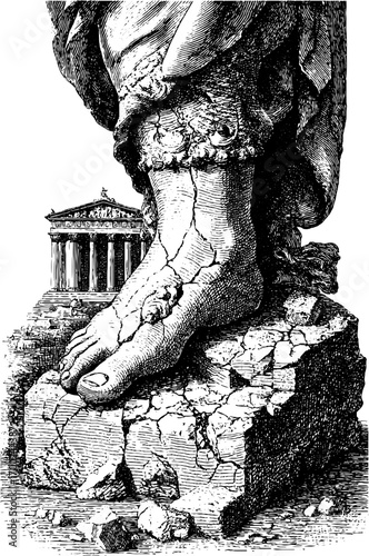 Antique statue foot with crumbling pedestal and ancient temple