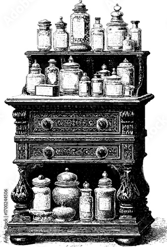 Vintage apothecary cabinet with jars in engraving style for retro design
