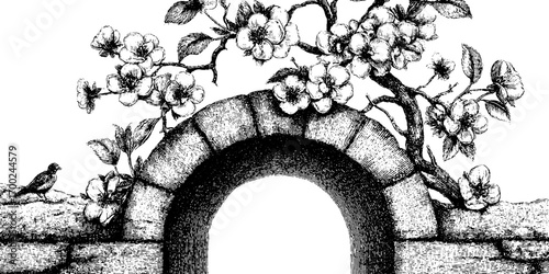 Vintage engraving of an arch with blossoming branches and bird - retro floral design