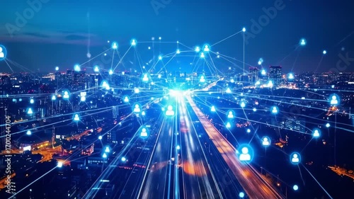 Digital cityscape network connecting citizens through tech innovation and advanced highways
