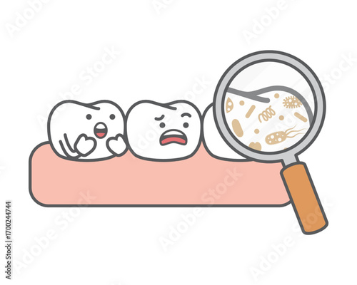 Dental Health Cartoon Teeth with Magnifying Glass Showing Bacteria and Germs for Education