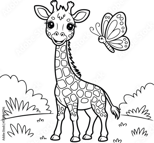 Cute cartoon baby giraffe standing in a grassy field with a butterfly flying nearby perfect for children s coloring pages and illustrations