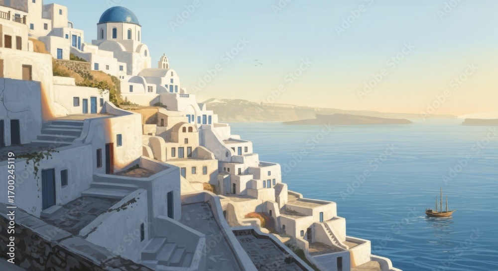 Fototapeta premium Santorini Village with White Buildings and Blue Dome Overlooking Sea at Sunset