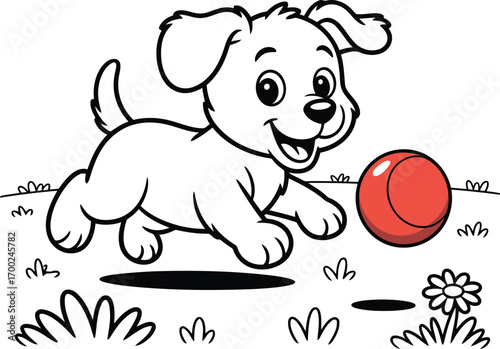 Adorable cartoon puppy joyfully playing with a red ball in a grassy field with flowers and plants