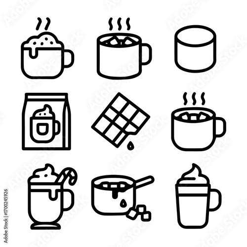 Cocoa Icons Steaming Mugs Marshmallows Chocolate Squares and Candy Cane Delight.