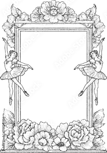Vintage ballet illustration with delicate floral frame