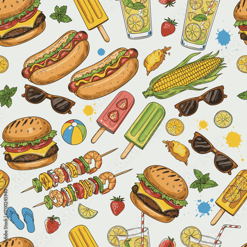 Summertime picnic pattern featuring burgers, hot dogs, lemonade, and beach items, seamless pattern, Stock royalty free image.