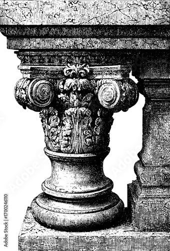 Vintage engraving style illustration of architectural balustrade design for classic interiors