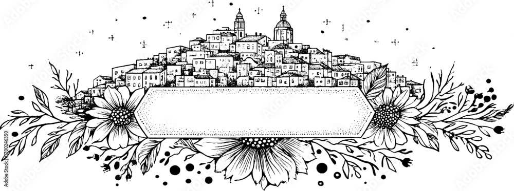 Obraz premium Vintage engraving style banner with cityscape and floral elements for design projects