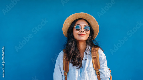 Portrait of a young woman with a hat and sunglasses against a bright blue solid background