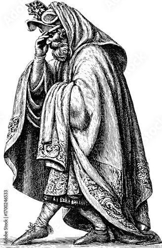 Vintage engraving of baron in elaborate robes with crown: classic historical figure