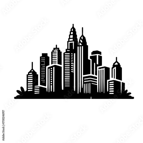 Black and white vector silhouette of city skyline on white background