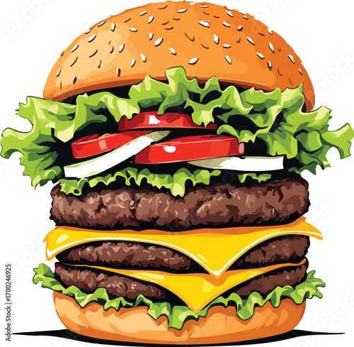 Double Cheeseburger Vector – Juicy Layers of Beef, Cheese, Lettuce, Tomato, and Onion in Bold Fast Food Illustration