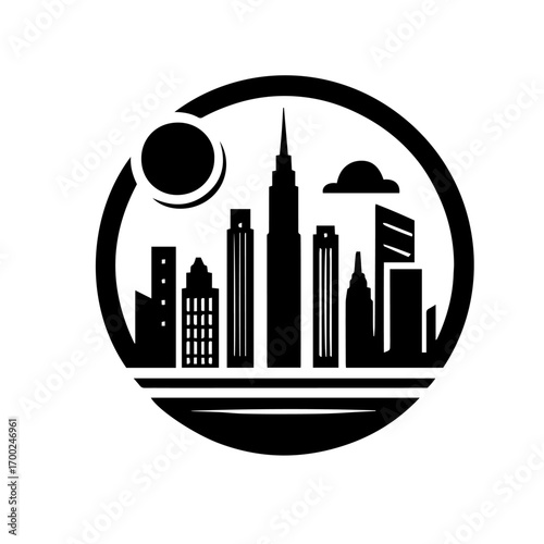 Black and white vector silhouette of city skyline on white background