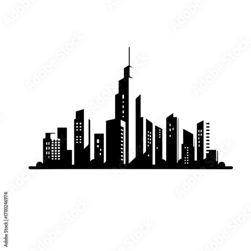 Black and white vector silhouette of city skyline on white background