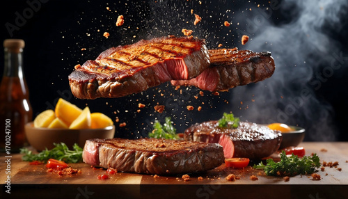 Grilled steak slices with herbs and vegetables burst mid-air with smoke and sparks, highlighting juicy texture for advertising, social media, or food design projects.