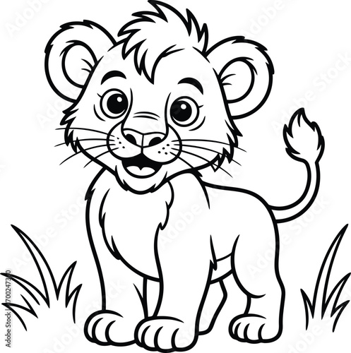 Cute cartoon lion cub standing in grass with a happy expression and big eyes perfect for children s illustrations and coloring pages