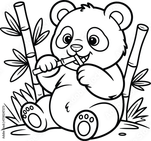 Cute cartoon baby panda sitting and eating bamboo stalks surrounded by lush green bamboo leaves in a simple line drawing style