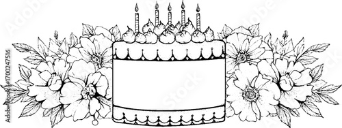 Vintage birthday cake and floral arrangement engraving illustration for card design