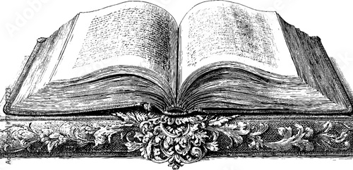 Vintage engraving style illustration of an open book with ornate design