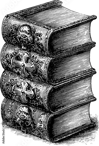 Antique book stack engraving in vintage style for retro design projects