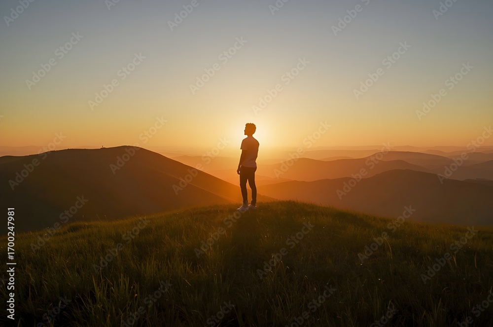Fototapeta premium Hiker Standing on Hilltop During Sunset