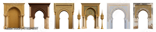 Moroccan archway set including ornate carved, golden, wooden, and stone styles isolated. Architectural and cultural elements.