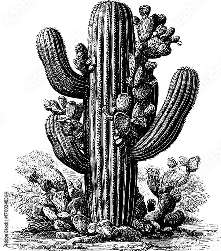 Vintage style engraving of cactus for retro design and decor