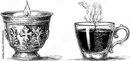 Vintage engraving style illustration of candle and steaming cup – retro design for decor and print