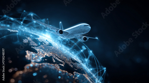 Airplane flying above earth with digital network connections in a futuristic style art