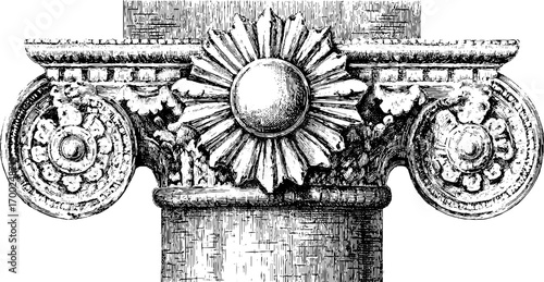 Vintage engraving style illustration of ornate architectural column capital design