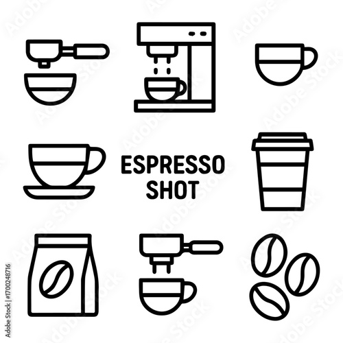 Espresso Icons Coffee Machine Beans Cup and Takeout Cup in Bold Line Art.