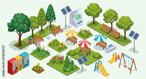 Isometric Park Set with Trees, Benches, Solar Panels, and Playground - Vector Banner