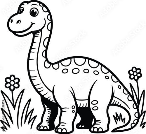 Cute cartoon illustration of a friendly brontosaurus dinosaur with a long neck standing in a grassy field with flowers