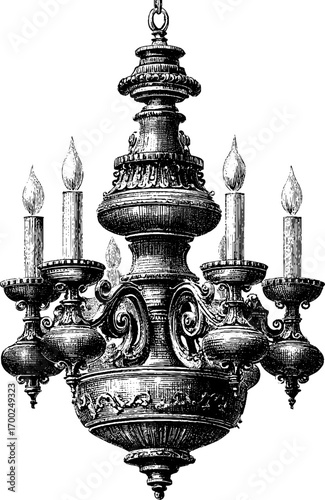 Intricate vintage chandelier in engraving style for retro design projects