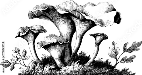 Vintage engraving of chanterelle mushrooms – nature-inspired design for botanical prints