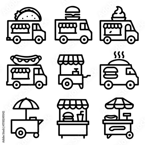 Food Truck Icons Taco Burger Ice Cream Hotdog and Mobile Food Carts.