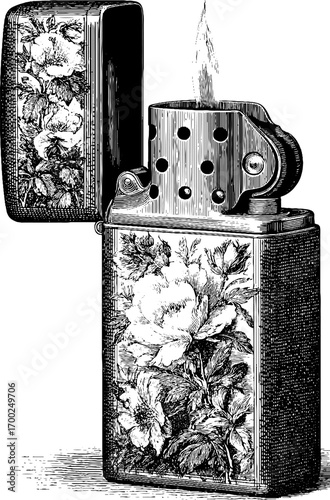 Vintage engraving style illustration of floral engraved cigarette lighter