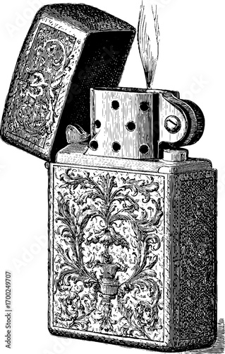 Vintage engraving style illustration of ornate cigarette lighter for retro design