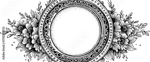 Vintage circular floral engraving illustration for decorative design