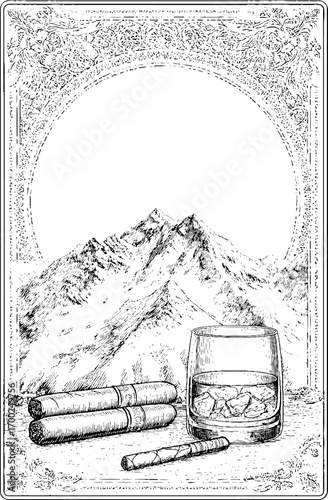 Vintage engraving of cigars with whiskey glass and mountain scenery for retro design