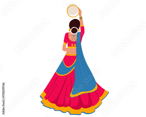 illustration of Indian woman performing married festival puja of Karwa Chauth looking moon through sieve