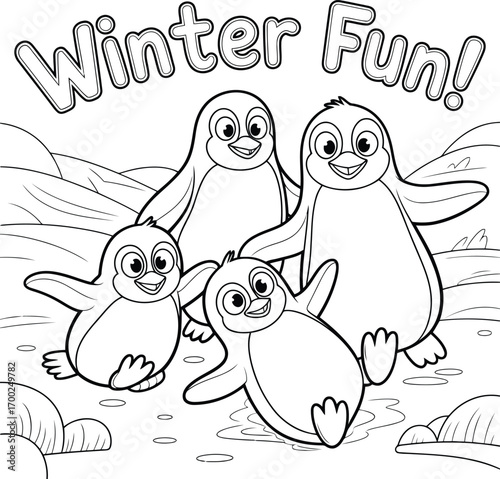 Cute cartoon penguins enjoying winter fun together in the snow perfect for coloring pages and children s illustrations