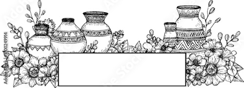 Vintage clay jugs with floral elements in engraving style for design and decoration