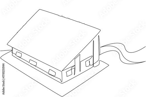 Single line drawing of a rural wide roof house with chimney highlights sustainable construction ideas and green roof advocacy, reflecting World Green Roof Day with an eco-friendly nature concept.